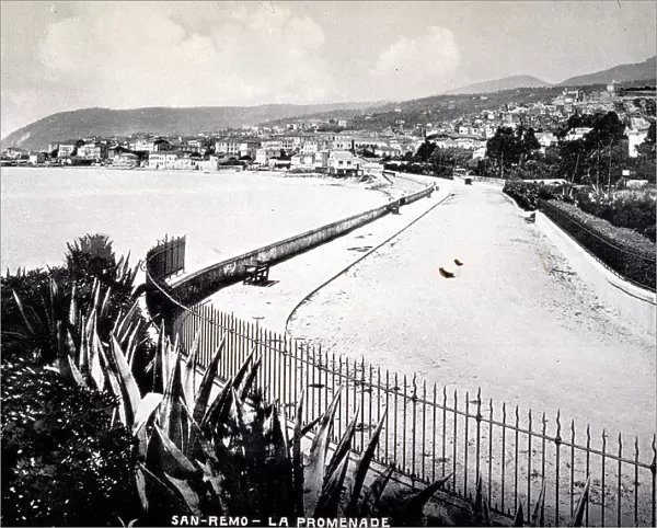 Panorama of San Remo and a stretch of the coast. In the foreground, the deserted promenade