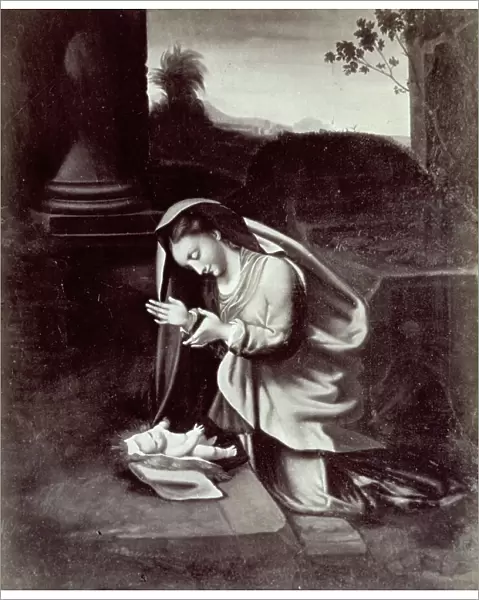Photographic reproduction of a copy of the Adoring Madonna by Correggio. The painting shows the Madonna kneeling in adoration of the Christ Child