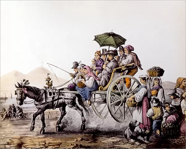 Engraving of a period carriage, drawn by a horse decorated with plumes, passing near a stretch of the ocean boulevard in Naples. Many people are in the carriage: women, a child, some men and a religious holding a parasol. On the road, women with baskets of fruit, a shepherd boy, a dog lying down. Near the parapet of the boulevard are some children. Two sailboats on the sea