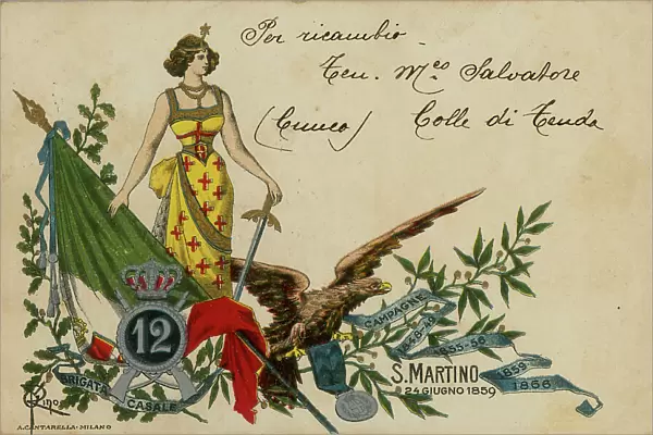 Postcard of the Casale brigade with the allegorical representation of Italy