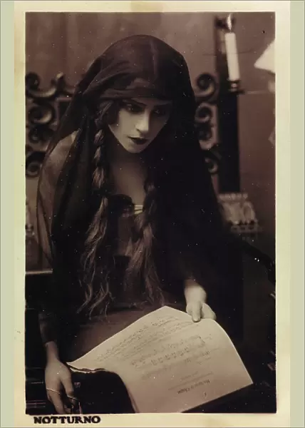 Portrait of a young woman holding a sheet music, Nocturne, postcard
