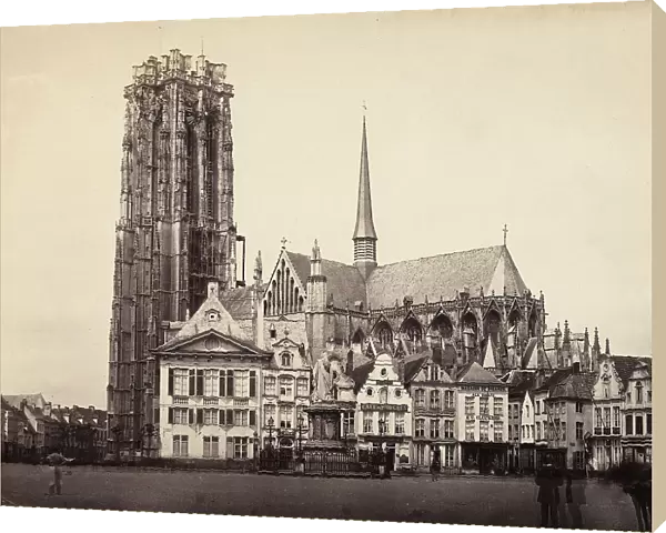 External view of Saint Rombout's Cathedral and of Grote Markt Square with the monument to Margaret of Austria, in Mechelen, Belgium