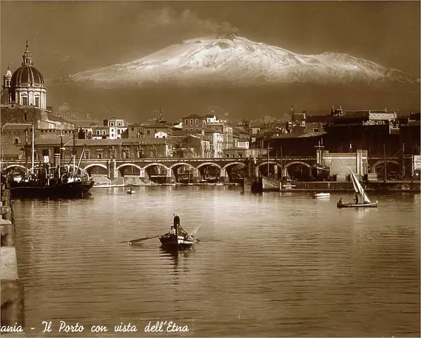 Catania, the port with a view of the Aetna volcano, postcard