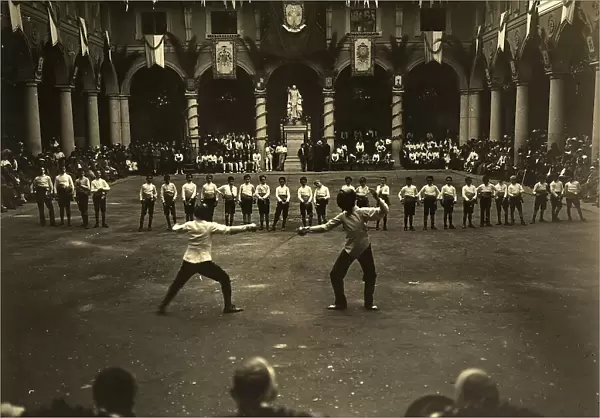 Children's fencing match in the court of an Italian palace