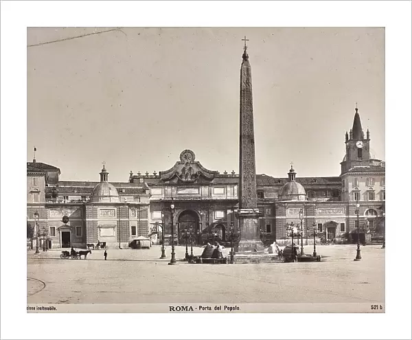 View of Piazza del Popolo with the Flaminio obelisk in Rome; in the background the Porta del Popolo is visible