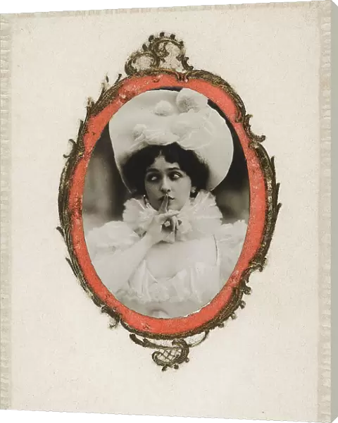 Portrait of a young woman signaling for silence. The portrait is put on a postcard