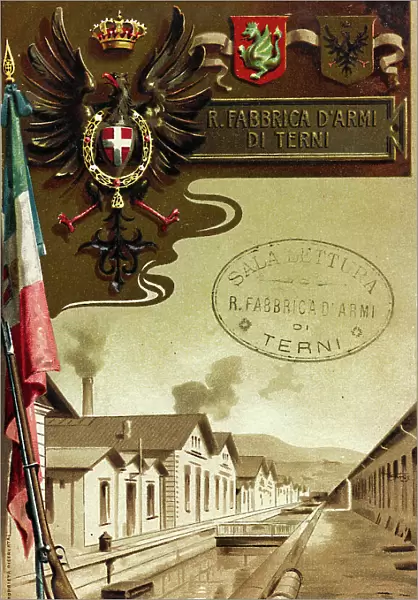 Postcard commemorating the Royal Arms Factory of Terni, illustration of A. Dalbesio