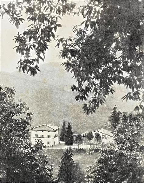 View of the countryside around Montepiano with Villa Strozzi; postcard