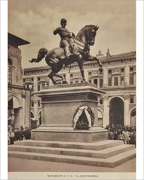 The monument to Vittorio Emanuele II in Piazza Maggiore (originally Piazza Vittorio Emanuele) in Bologna during a commemorative ceremony. Today the monument is in the Margherita Gardens