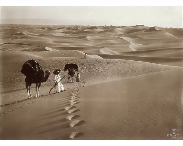 Bedouin and camel amidst dunes of the Tunisian desert