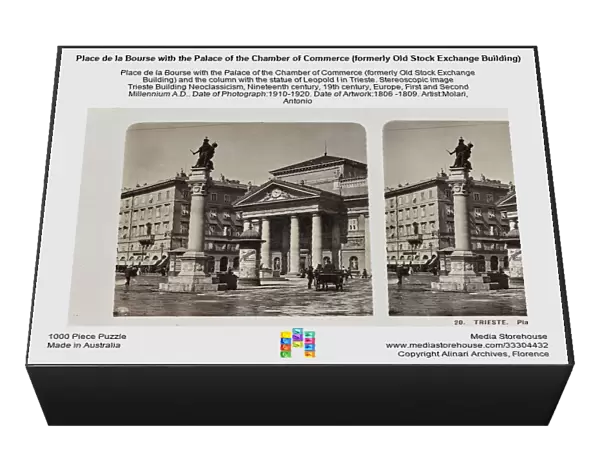 Place de la Bourse with the Palace of the Chamber of Commerce (formerly Old Stock Exchange Building) and the column with the statue of Leopold I in Trieste. Stereoscopic image