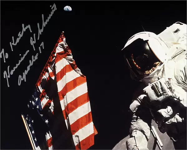 The astronaut Harrison H. Schmitt during the Apollo 17 lunar mission. The photo is signed by Schmitt