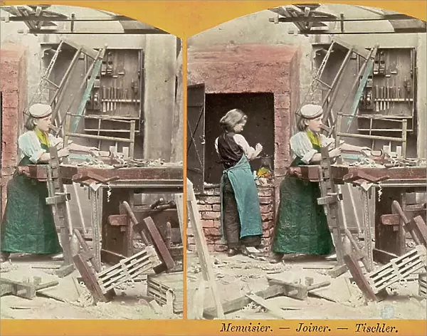 Stereoscopic photography showing two boys pretending to work in a carpentry shop