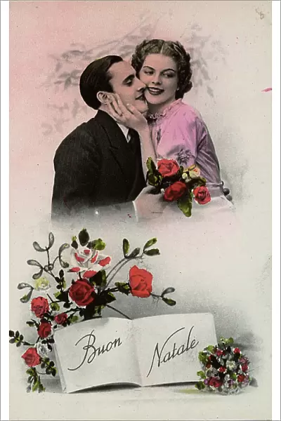 Photomontage for a greeting card depicting a man and a woman embracing