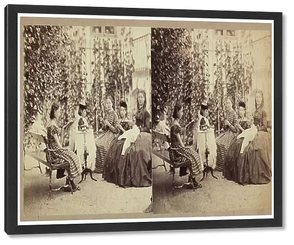 Stereoscopic photography showing a group of young women intent on their sewing work