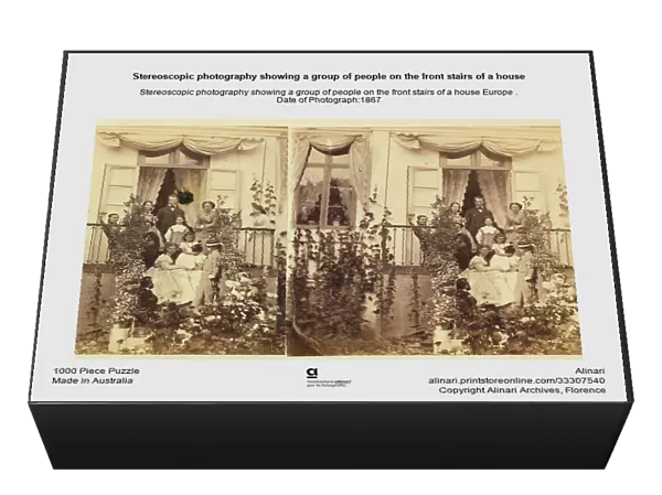 Stereoscopic photography showing a group of people on the front stairs of a house