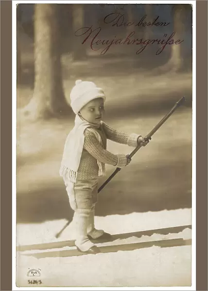 Portrait of a little skier, new year greeting card with a Die besten Neujahrsgrsse inscription on the front side and a personal dedication on the back side, the dispatch date is the 31st of December 1918 the origin town Oldenburg, Germany