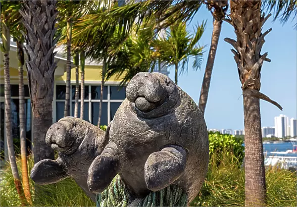 Florida, West Palm Beach, Manatee lagoon, statue of Manatees