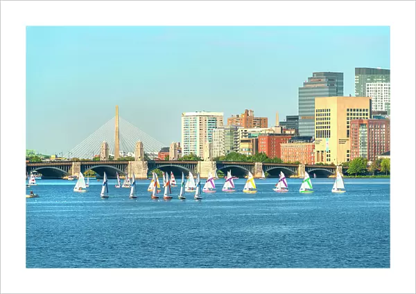 Massachusetts, Boston, sailboat on the Charles River, Leonard P. Zakim Bunker Hill Memorial Bridge in the background