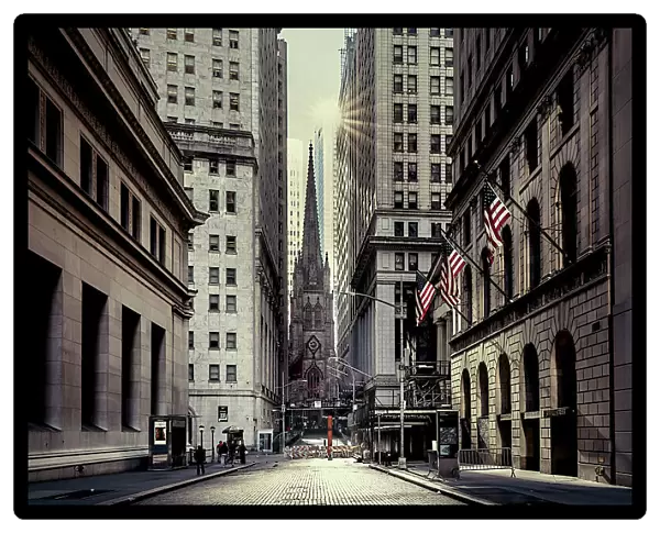 New York City, Lower Manhattan, Wall Street with view of Trinity Church