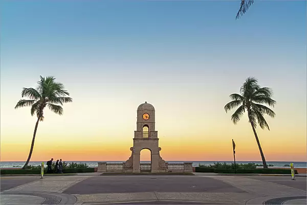 Florida, Palm Beach, Worth Avenue, Clock Tower along South Ocean Blvd at sunset