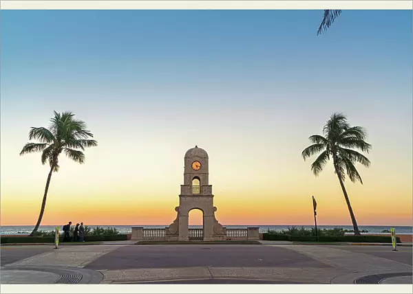 Florida, Palm Beach, Worth Avenue, Clock Tower along South Ocean Blvd at sunset