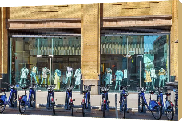 New York City, Manhattan, Citi Bikes and shops on Washington Street