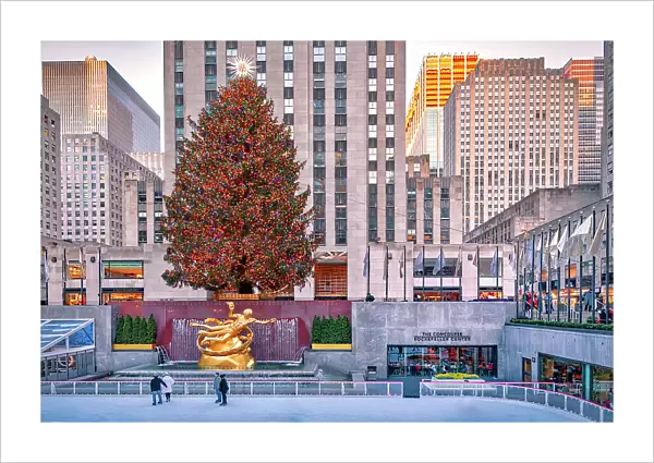 NYC, Rockefeller Center, Ice Rink with skaters, Prometheus sculpture