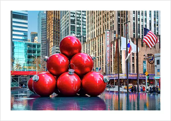 New York City, Manhattan, Midtown, Rockefeller Center, fountain with large red Christmas ball ornaments