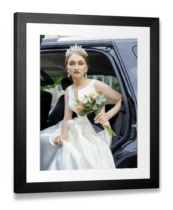 Framed Print : Beautiful Bride on Car Back Seat Print