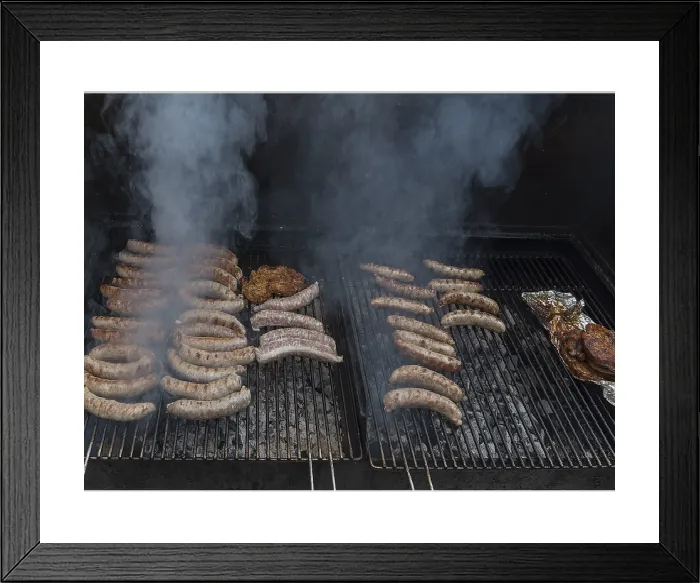 Framed Print : Bratwurst and Steaks on a Grill Print, Bavaria, Germany Framed Print : Bratwurst and Steaks on a Grill Print, Bavaria, Germany