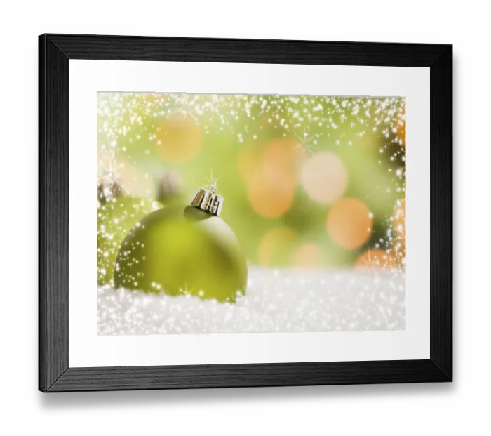 Framed Print : Beautiful Green Ornaments on Snow Print Framed Print : Beautiful Green Ornaments on Snow Print