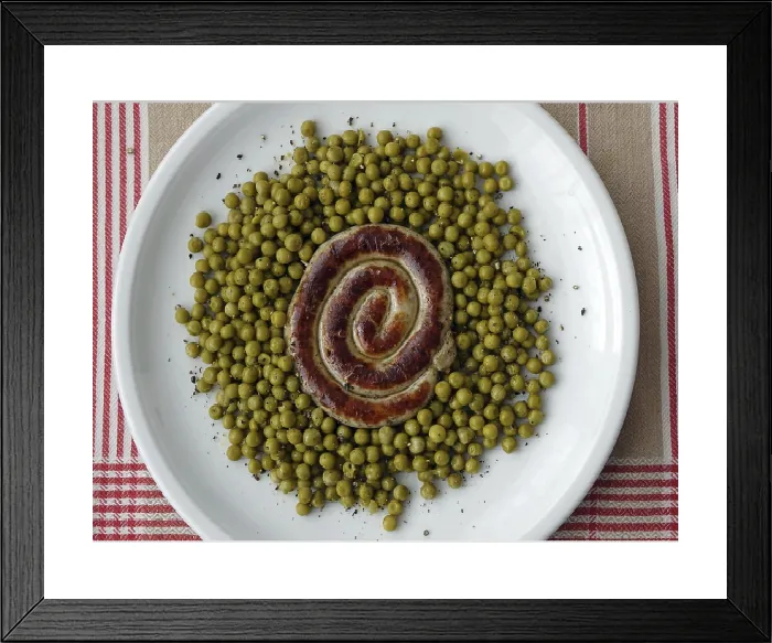 Framed Print : Bratwurst Snail Print with Peas on a Plate Framed Print : Bratwurst Snail Print with Peas on a Plate
