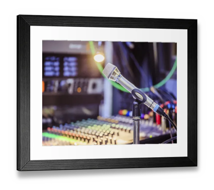 Framed Print : Metal Microphone Print in Studio Setting