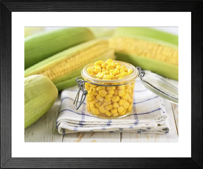 Framed Print : Canned Sweet Corn Print on White Table Framed Print : Canned Sweet Corn Print on White Table
