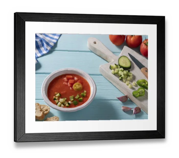 Framed Print : Gazpacho Andaluz Print on Light Blue Background Framed Print : Gazpacho Andaluz Print on Light Blue Background