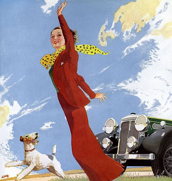 1930s woman walking dog - Daimler car