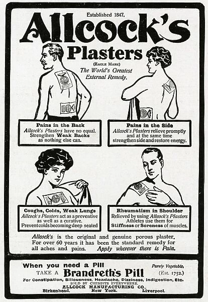 Advert for Allcocks Porous Plasters for aches and pains WWI