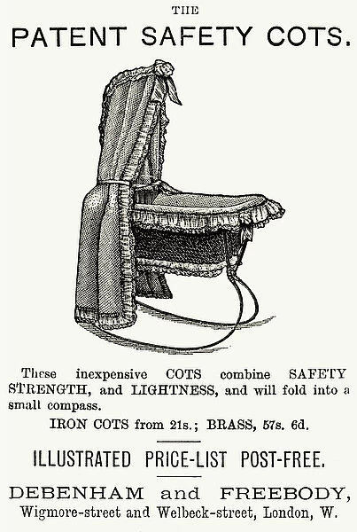 Advert for Debenham & Freebody safety cots 1883