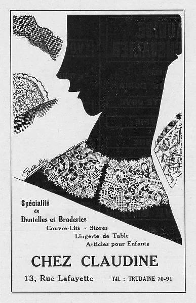 Advert for lace by Chez Claudine, 1926, Paris
