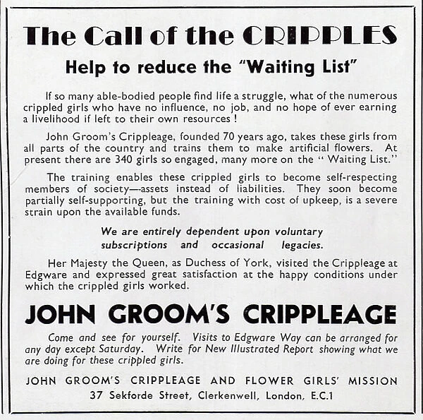 Advert requesting support for John Groom's Crippleage