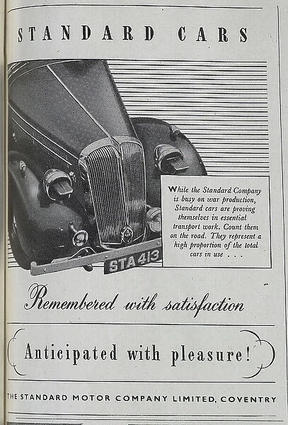Advert for Standard Cars, temporarily unavailable for civilian purchase, due to the war. Date: 1943