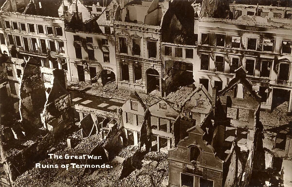 Aerial view of the damaged town centre of Termonde, Belgium