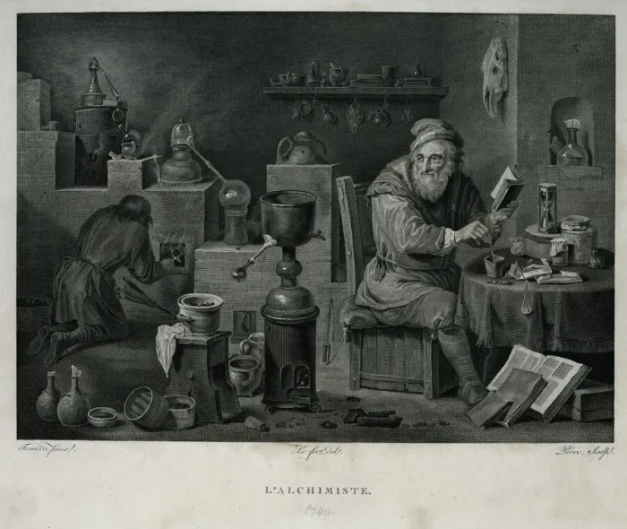 Framed Print : Black and white print of an alchemist at work