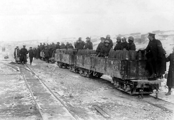 Allied soldiers on small ammunition train, WW1