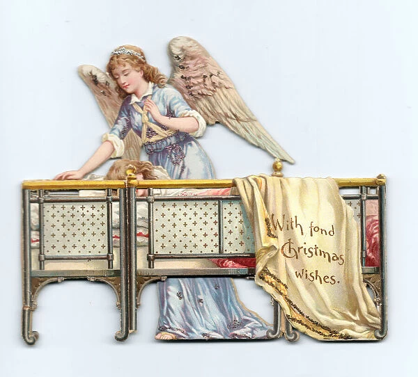 Angel and sleeping girl on a cutout Christmas card