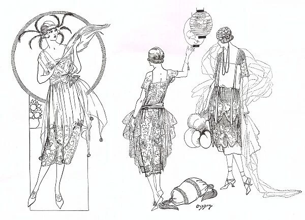 Three art deco fashion sketches, London 1921