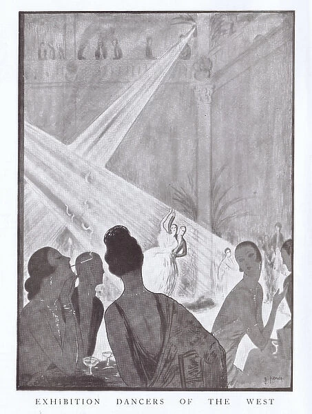 Art deco sketch by Peres of exhibition dancers in audience