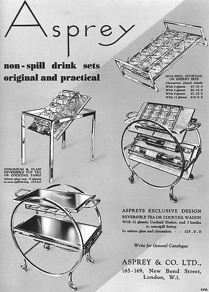 Asprey non-spill drink sets and trolleys advertisement, 1935