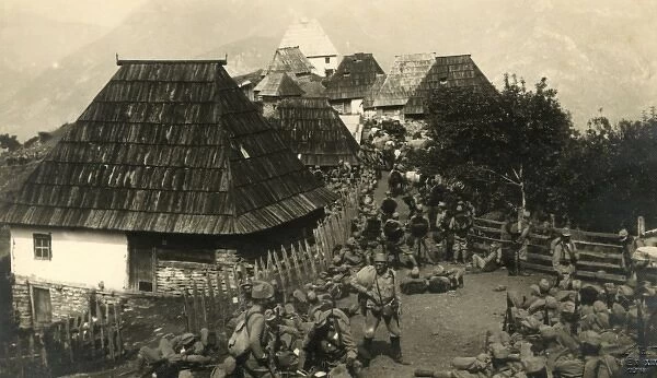 Austrian troops marching through Medice, Bosnia, WW1